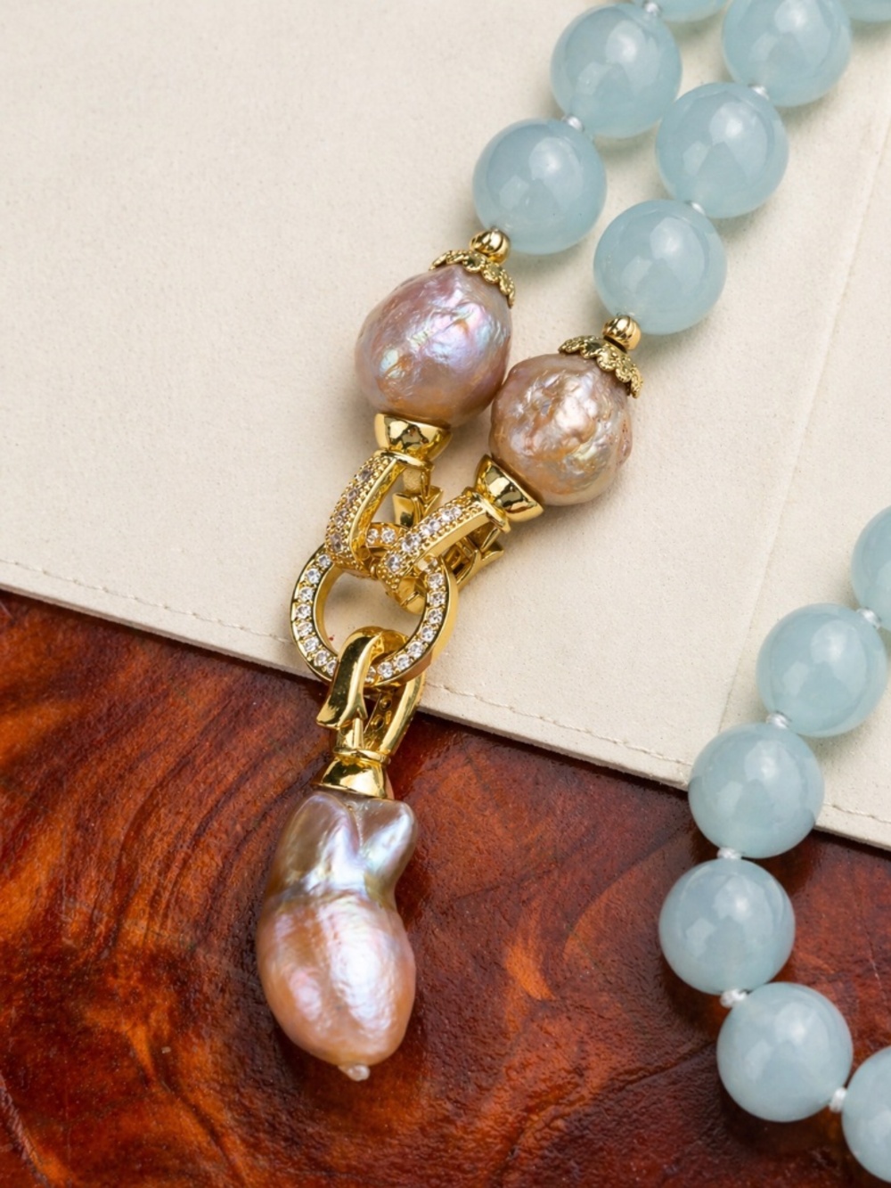 Aquamarine & Pearl Statement Necklace | Gold Plated CZ Clasp | Blue Beaded - Picture 5 of 5